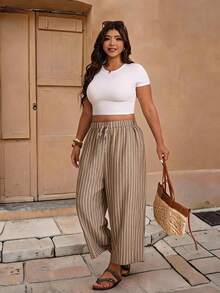 Elaquor Plus Size Casual Pants With Line Print - Coffee Brown - View 3