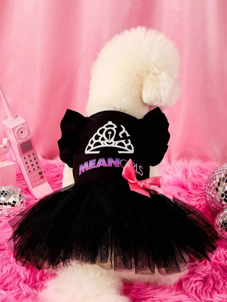 Mean Girls | PETSIN 1件猫狗通用服装,印有“MEANIRLS”字样,宠物黑色蓬松裙,可爱的小飞袖狗狗连衣裙 - 黑色 - 查看 1