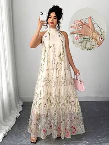 Elenzga Damen Große Größen gewebtes elegantes mintgrünes Kleid mit schwerer Stickerei, Neckholder, Mori-Stil, Mesh-Volumenrock, ärmellos, Feen-Urlaubskleid - Verschiedenfarbig - Übersicht 1