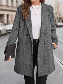 SHEIN Clasi 女款秋冬卡其色格紋大衣，經典百搭，老錢風，適合通勤、外出與聚會 - 黑與白 - 查看 1