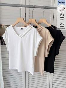 SHEIN LUNE 女款休閒夏季三件套 T恤上衣，適合外出、日常居家、辦公室穿著，鏤空短袖設計 - 彩色 - 查看 4