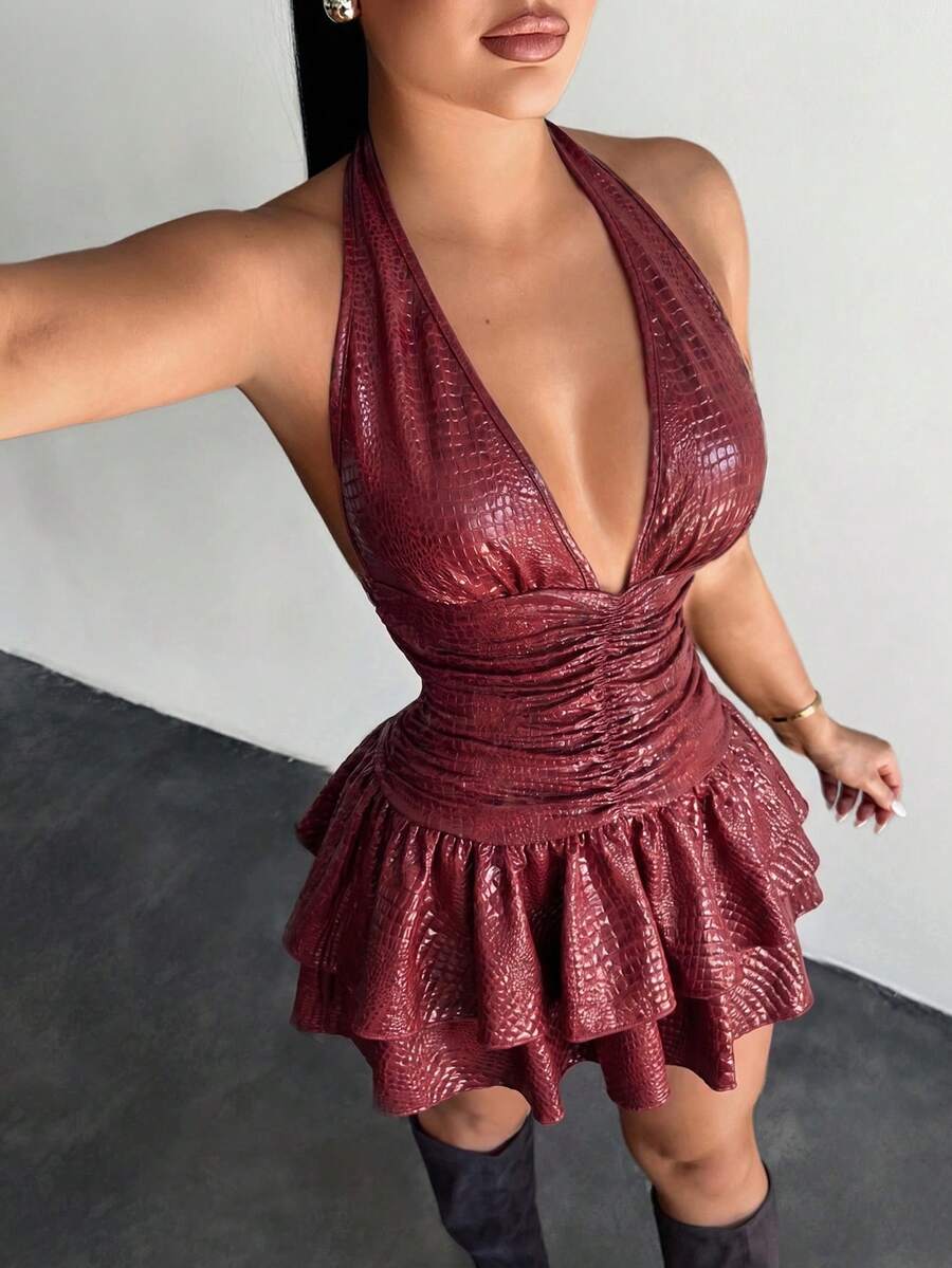 SHEIN SXY 女款掛脖綁帶抓皺性感約會迷你洋裝 - 酒紅色 - 查看 1