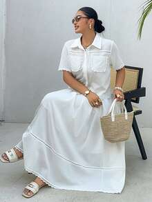 Dazy Plus Spring/Summer Women's Elegant Lace Patchwork Pocket Shirt And Skirt Set, White Vacation Style Casual Plus Size 2-Piece Outfit - White - View 9