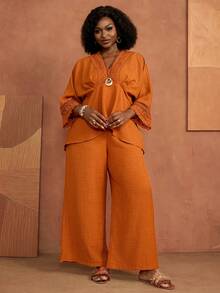 Zaforene 2pcs/Set Plus Size Women Autumn Casual Lace Patchwork Solid Burnt Orange Loose Blouse And Wide Leg Pants 2-Piece Set Festival Halloween - Burnt Orange - View 6