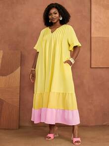 BrightlyHer Plus Size Women's Summer/Autumn Casual Vacation Ruffle Yellow Patchwork Colorblock Dress,Going Out Outfits, Beach,Flowy Dress, Fall Clothes,Boho - Multicolor - View 6