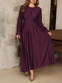Roveilla Plus Size Women's Spring Autumn Winter French Elegant Luxury Minimalist High-End Design Casual Vacation Office Commute Old Money Style Comfortable Round Neck Gathered Waist Tie Waist Flared Hem Long Sleeve Long Dress - Red Violet - View 6