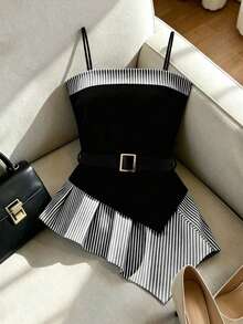 Franclia Women's Striped Patchwork Asymmetrical Hem Cami Top - Black - View 5