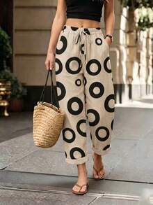 SHEIN Holidaya Women's Fashion Round Pattern Waist Drawstring Long Pants - Black and White - View 2