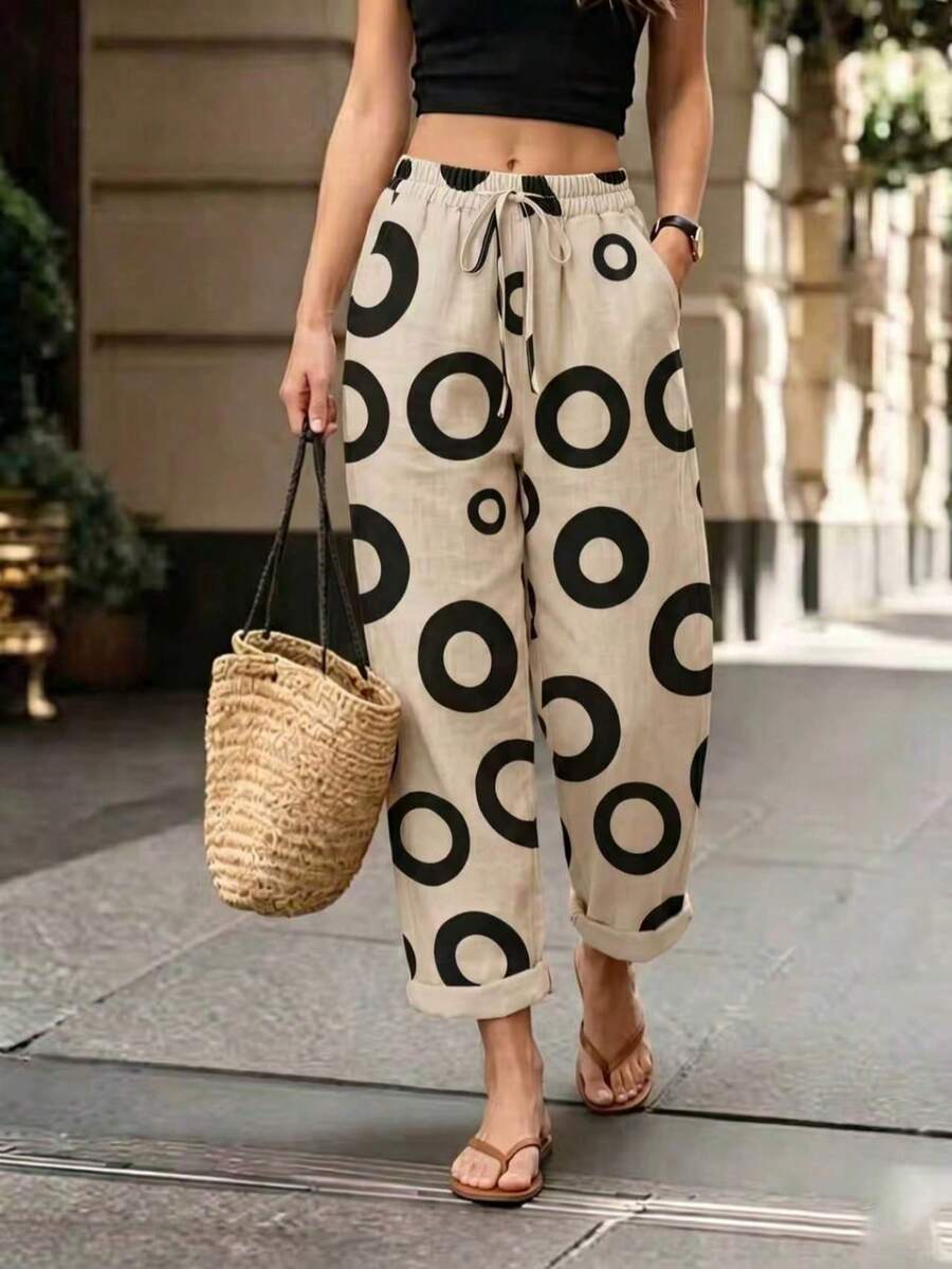 SHEIN Holidaya Women's Fashion Round Pattern Waist Drawstring Long Pants