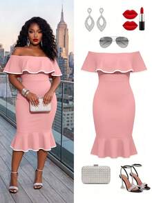 Poshavie Poshavie Women's Elegant Party Daily Wedding Date Oblique Off Shoulder Strapless Mermaid Ruffle Hem Fitted High Waist Contrast Color Dress - Pink - View 3