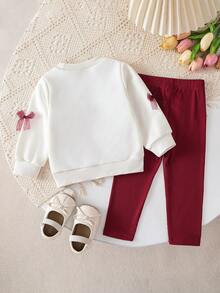 SHEIN Playful Pals 女嬰春秋時尚可愛紅色蝴蝶結圓領長袖衛衣與內搭褲2件套，適合家庭穿搭、1歲生日、婚禮派對及各種場合 - 酒紅色 - 查看 2
