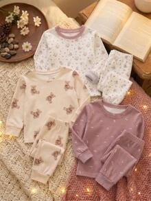 女嬰休閒極簡修身圓領長袖長褲居家服多件套，適合秋冬，貼身舒適 - 彩色 - 查看 5