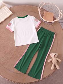 少女 T-shirt 套裝，美式復古運動造型，98 號印花短袖 + 粉色滾邊喇叭褲，甜酷休閒，舒適百搭 - 彩色 - 查看 4