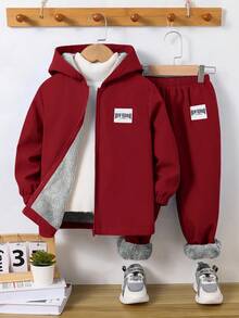 SHEIN 2件組兒童青少年藍色冬季外套與棕色保暖毛絨內裡長褲，梭織兩件套，適合通勤穿著 - 酒紅色 - 查看 9