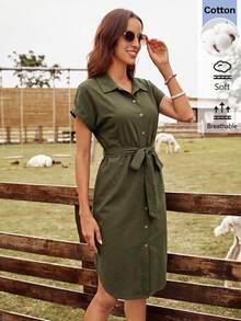 SHEIN LUNE 女款休閒夏季度假通勤日常基礎時尚外出穿搭短袖軍綠色中長洋裝 - 軍綠色 - 查看 4