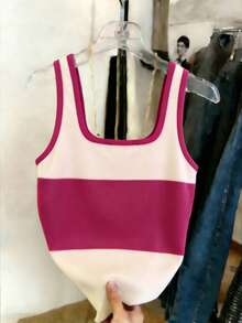 SHEIN 畅销款红色条纹狗狗印花修身女式背心 - 紅色 - 查看 2