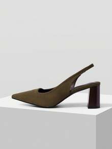 Mnmlis Spring And Summer Simple Slingback Design Pointed Toe Thick Heel, Retro Suede Dark Brown Shoes Commuting Dating - Brown - View 2