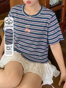 Dazy Plus Plus Size Cherry Embroidery Striped Crew Neck Short Sleeve Fitted Summer T-Shirt Graphic Tee - Blue - View 1