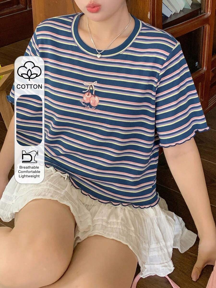 Dazy Plus Plus Size Cherry Embroidery Striped Crew Neck Short Sleeve Fitted Summer T-Shirt Graphic Tee - Blue - View 1