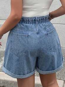 Dazy Tall Curve Short en jean bleu délavé à taille semi-élastique, jambe large ample et revers, pour femmes grandes tailles, printemps-été - Jean clair - Voir 2