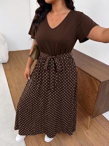 Embrisa Plus Size Summer Vacation Romantic Vintage Polka Dot Print V-Neck Short Sleeve Dress, Brown - Multicolor - View 8