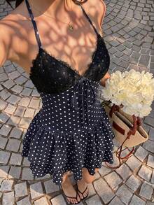 Sunnyshic Women's Black Polka Dot Print Mini Dress, Summer Lace Patchwork V-Neck Halter Tie Back Open Back Cinched Waist Double Layer Ruffle Hem, Elegant Vintage Sweet Romantic Versatile For Vacation Beach Shopping Date - Navy Blue - View 3