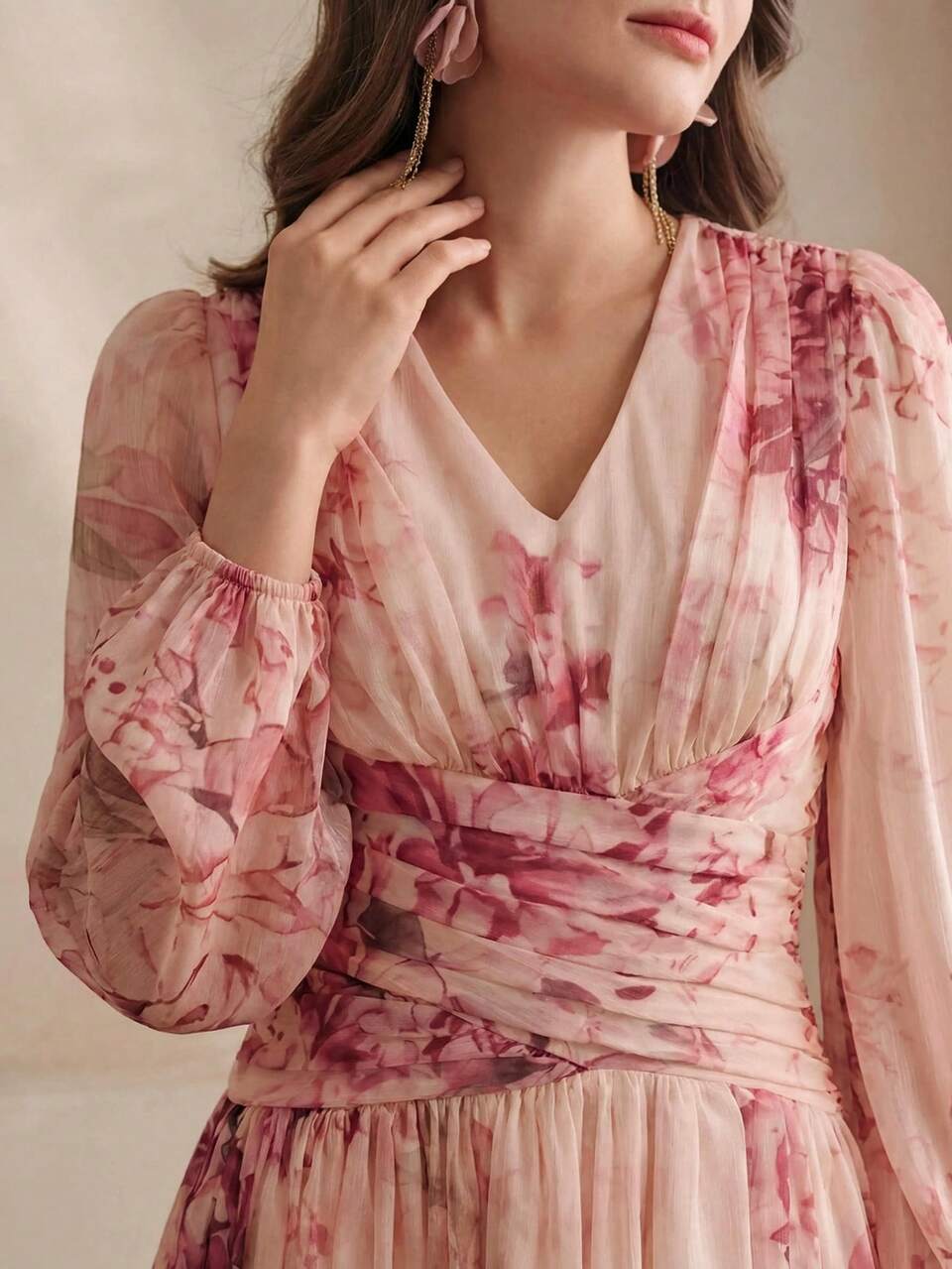 Anewsta Elegant Gentle Long Sleeve V-Neck Loose Fit Flared Hem Dress, Pink Floral Garden Party Autumn