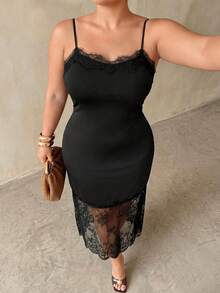 Auralis Vestido de tirantes elegante de talla grande con parches de encaje de unicolor para el verano - Negro - Ver 2