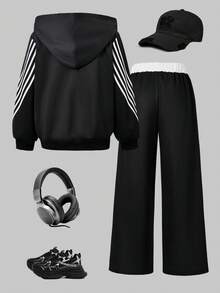 SHEIN ChillGRL 青少年女孩秋季套裝 2件/組 連帽長袖休閒印花條紋拼接夾克與寬鬆直筒長褲套裝，時尚，畢業 - 黑色 - 查看 2