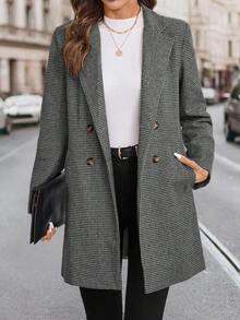 SHEIN Clasi 女款秋冬卡其色格紋大衣，經典百搭，老錢風，適合通勤、外出與聚會 - 黑與白 - 查看 4