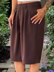 SAYEHFBABY Casual Coffee Brown Woven Fabric Bermuda Shorts For Women Wide Leg Plain Zipper Detail Summer - Coffee Brown - View 6