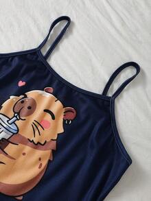 Teen Girls Royal Blue Cute Capybara Print Camisole Top And All-Over Capybara Print Shorts Set Pajamas Tight Homewear - Royal Blue - View 6