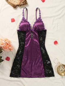 Seduluxe 1pc Lace Patchwork Satin Women's Nightgown - Purple - View 7