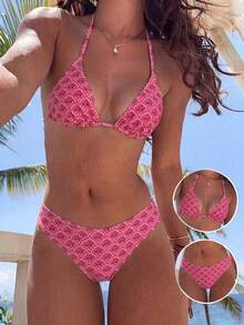 Swim Mod Women's Pink 2-Piece Bikini Set Spaghetti Strap Halter Neck High Cut Swimwear For Summer,Boho Beach Vacation,Holiday,Modest Tanning Bathing Suits - Hot Pink - View 1
