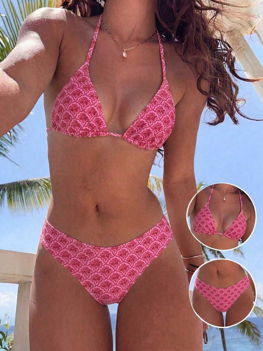 Swim Mod Women's Pink 2-Piece Bikini Set Spaghetti Strap Halter Neck High Cut Swimwear For Summer,Boho Beach Vacation,Holiday,Modest Tanning Bathing Suits - Hot Pink - View 1