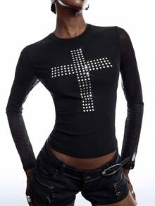 LYSMO Camiseta de moda para mujer con patrón de cruz, cuello redondo y manga larga, blusa casual para otoño, ropa atractiva y sexy, top elegante para salir - Negro - Ver 8