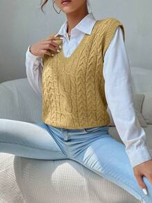 SHEIN PariChic Women's Solid Color Casual Versatile Daily Wear Knitted Vest - Camel - View 3