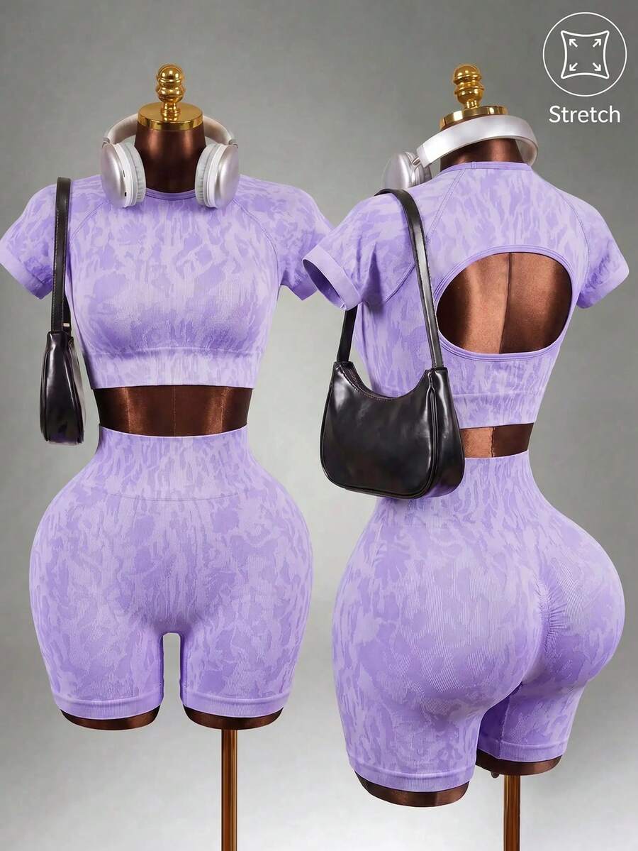 Mistrie Seamless Leopard Print Backless Sleeveless T-Shirt And Shorts Sports Suit For Women - Purple - View 1