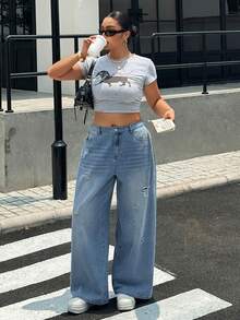 Dazy Plus Vintage Distressed Washed Faded Street Style Loose Straight Leg Blogger Casual Outing Preppy Plus Size Women's All Season Blue Jeans School - Light Wash - View 4