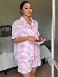 Dazy Plus Summer Sweet Plaid Trim Short Sleeve Ruffle Shorts Set Plus Size Women Spring Summer Pink Cute Pajama Set - Pink - View 5