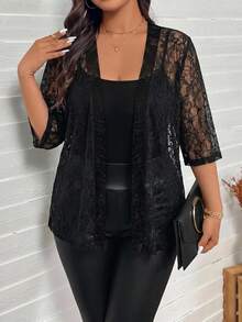 Comfylo Plus Size Women's Lace Half Sleeve Open Front Cardigan - Black - View 6