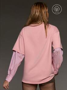 BAD SUNDAY Women's All Season Long Sleeve 2 In 1 Contrast Color Loose Casual Streetwear T-Shirt, Versatile Y2K Vintage Street, Music Festival, Light Pink Autumn - Pink - View 2
