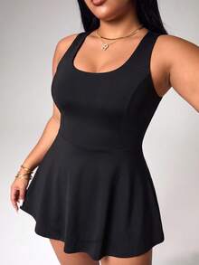 Easithlete Plus Size Women's Spring/Summer Sports Dress, Black Fitted U-Back Criss-Cross Ruffle Hem With Separate Shorts And Pockets, Athletic Gym - Black - View 4