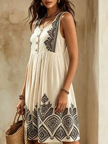 Selamara Women's Summer Round Neck Bohemian Print Dress - Apricot - View 4