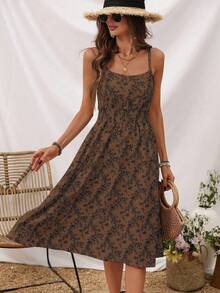 SHEIN LUNE Women's Fashion Floral Print Pleated Waist Cinch Spaghetti Strap Dress For Vacation - Brown - View 6