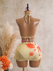 Bellisia Set Bikini 3 Potong Seksi Motif Leopard dengan Cup Segitiga dan Rok Jala serta Tali Samping untuk Wanita - Kuning - View 4