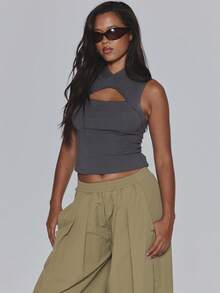 MUSERA Grey Jersey Cut Out Longline Fitted Sleeveless Top - Dark Grey - View 3