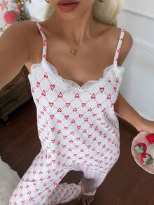 CottageSlumber Women's All-Season Knit Ribbed Heart Print Lace Trim Sweet Sexy Fashion Camisole & Long Pants Set, Can Be Worn Outdoors - Red and White - View 4