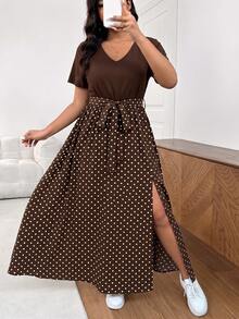 Embrisa Plus Size Summer Vacation Romantic Vintage Polka Dot Print V-Neck Short Sleeve Dress, Brown - Multicolor - View 1