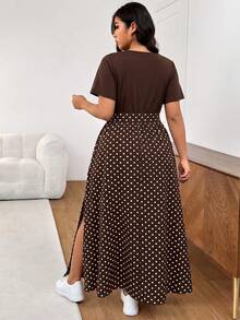 Embrisa Plus Size Summer Vacation Romantic Vintage Polka Dot Print V-Neck Short Sleeve Dress, Brown - Multicolor - View 2